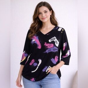 Abstract Brushstroke Black Tunic Top with Pink & Purple Accents